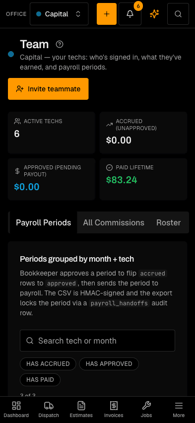 Commissions tallied the moment a job is paid — accrued, approved, and paid per tech