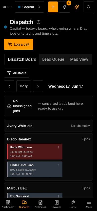 The Pipe Daddy dispatch board — techs as rows, jobs in time slots
