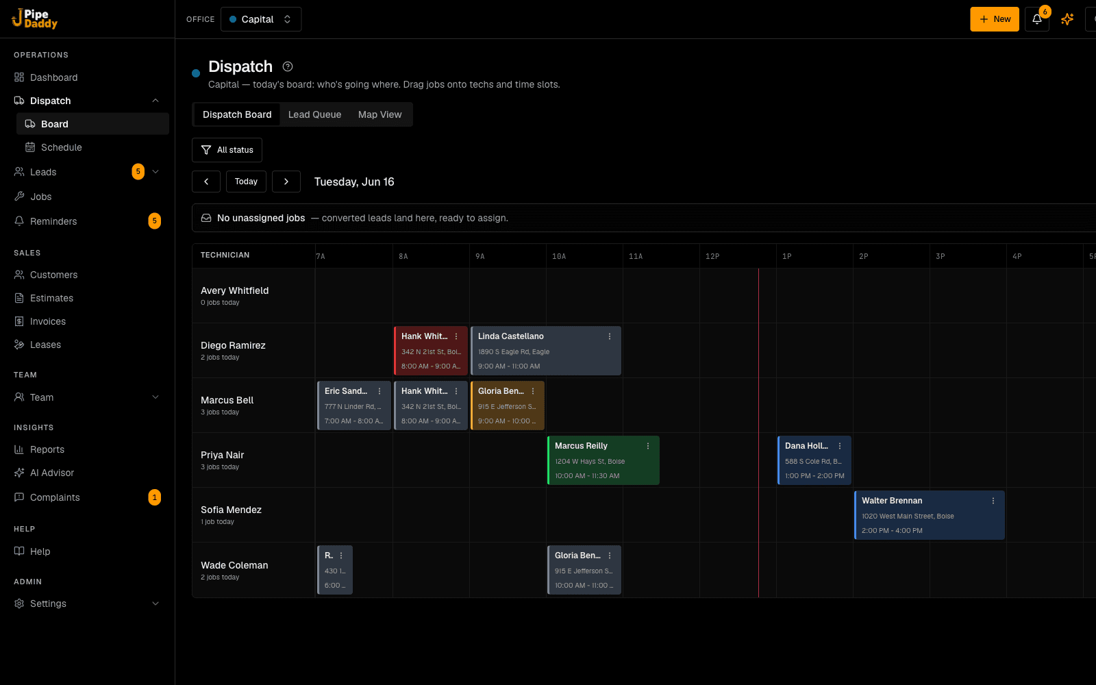 The Pipe Daddy dispatch board — techs as rows, jobs in time slots